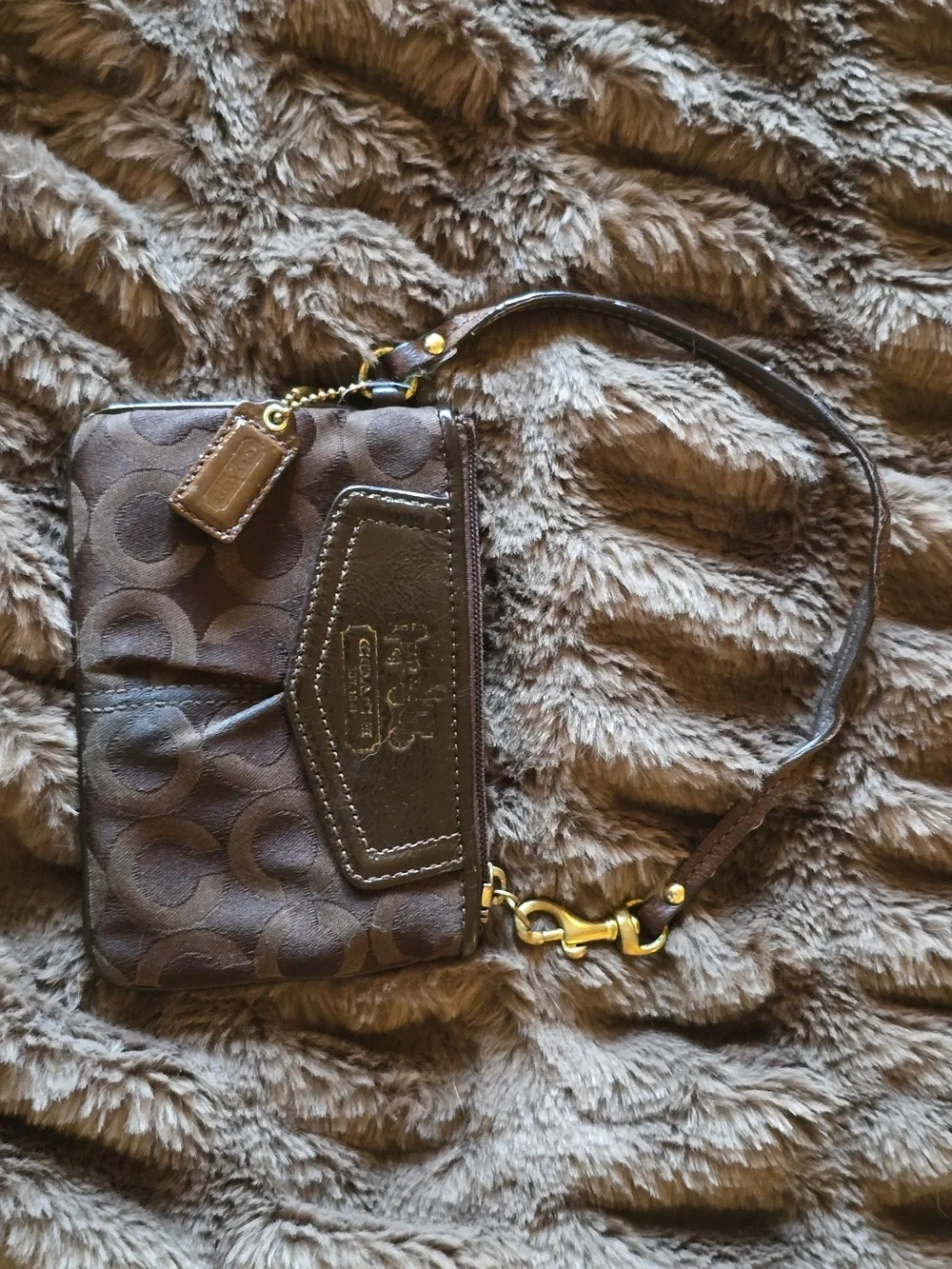 Coach Signature C Jacquard Wristlet Brown Leather Vintage Y2K